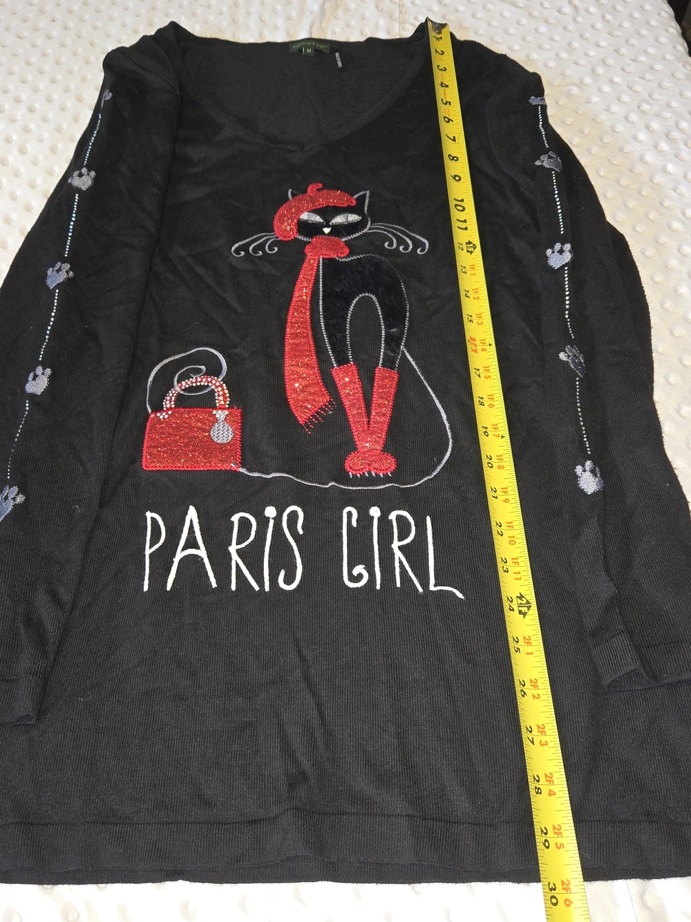 Tricotto Black Rhinestone & Sequin Paris Cat Graphic Long Sleeve Top Size M - Picture 3 of 5
